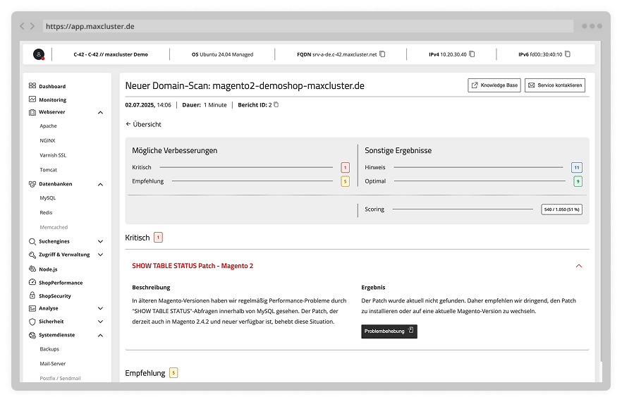 Screenshot eines ShopPerformance Ergebnisses im Managed Center.
