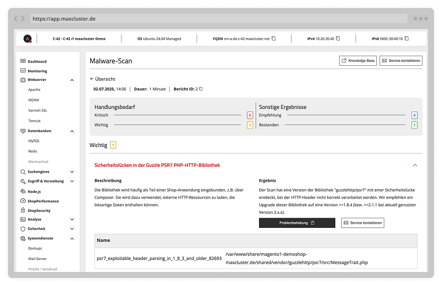 Screenshot eines ShopSecurity Ergebnisses im Managed Center.